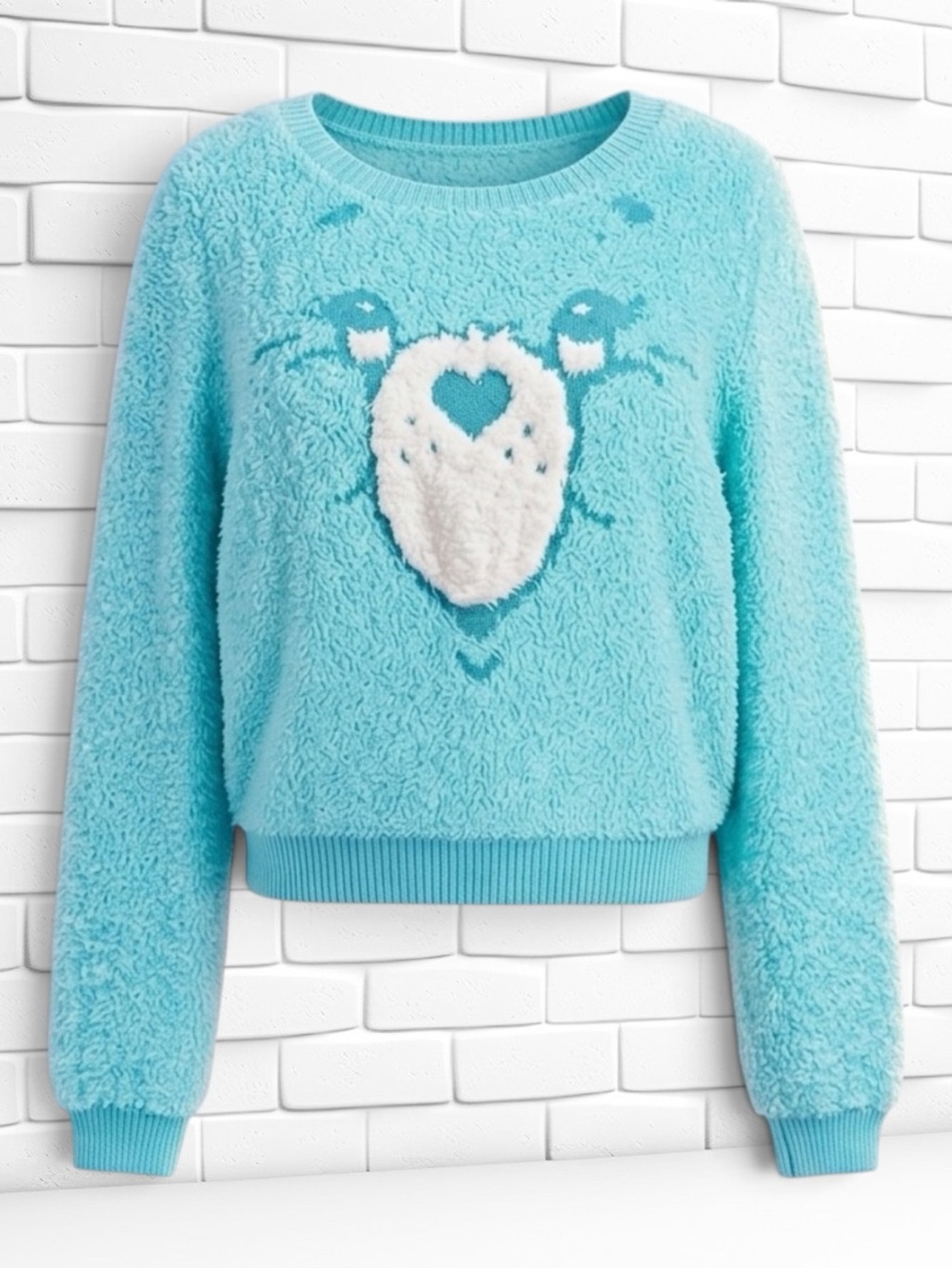 Iron Fist x Care Bears Wish Bear Sweater Blue Fuzzy Teddy Cropped Cozy XL NWT